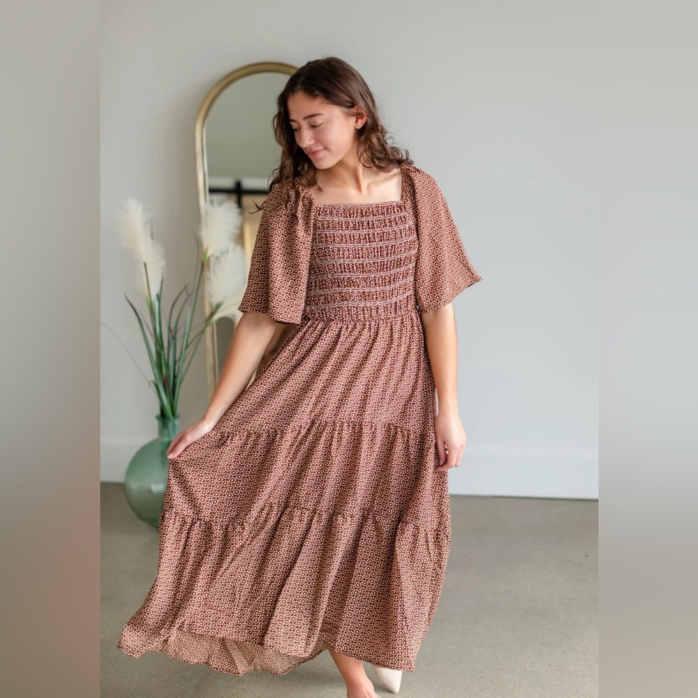 Polagram Brown Boho Print Tiered Cottagecore Smocked Bodice Midi Dress